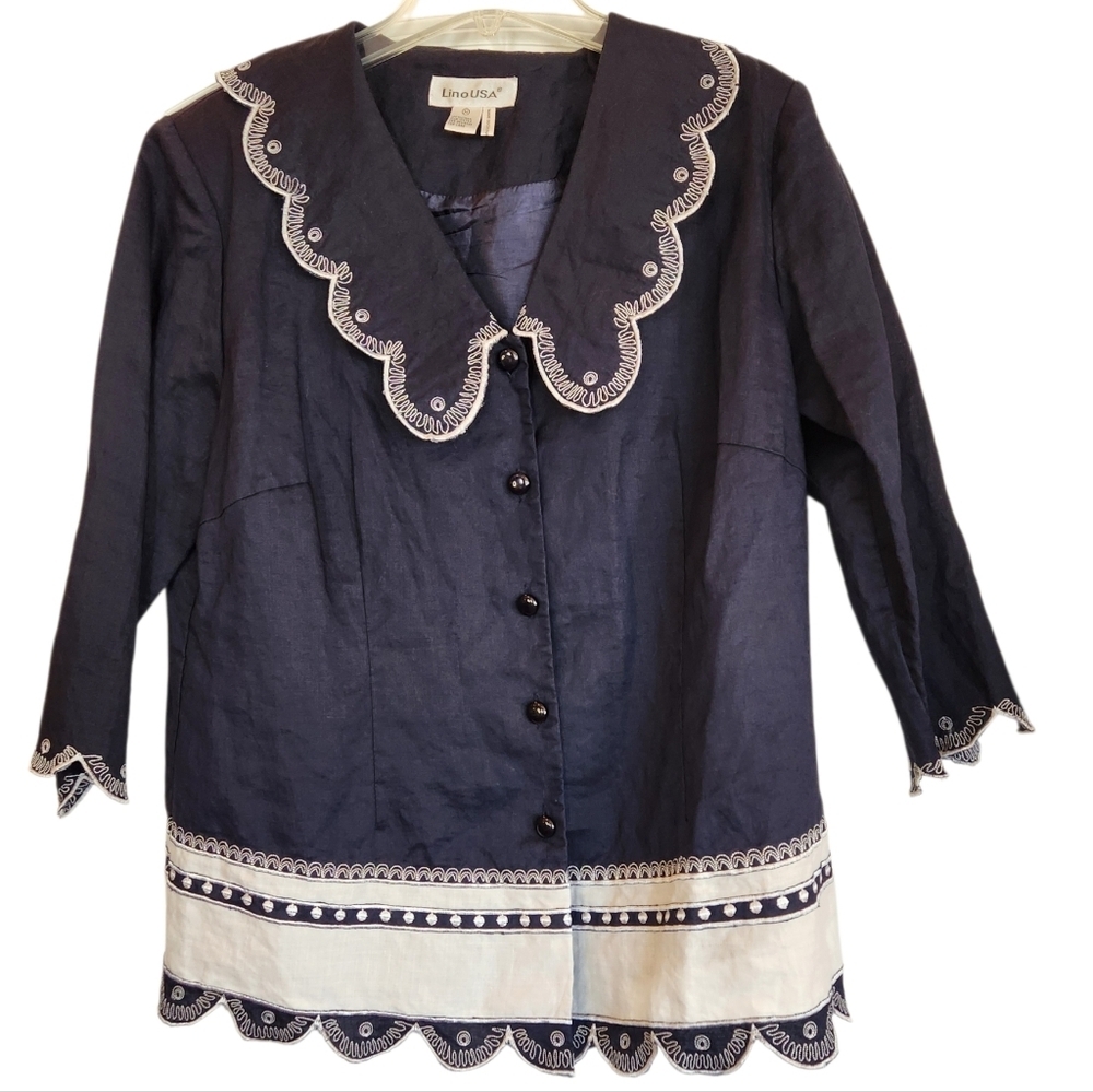 LINO USA Navy/White Embroidered Scallop-Trim Top 100% Linen Size M Button Front